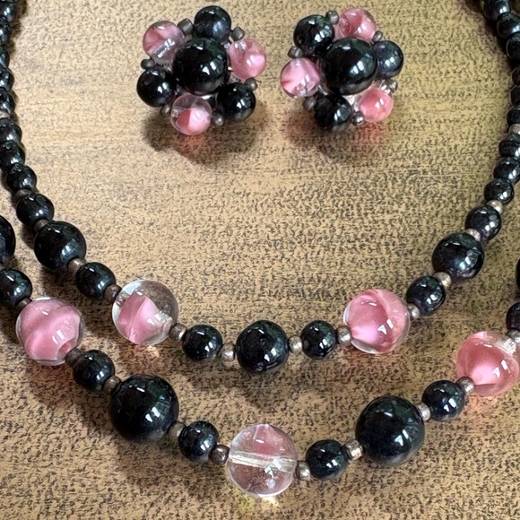 Jewelry - Made in Germany, Circa 1940’s, Vintage Black & Pink Beaded Necklace/Earring Set